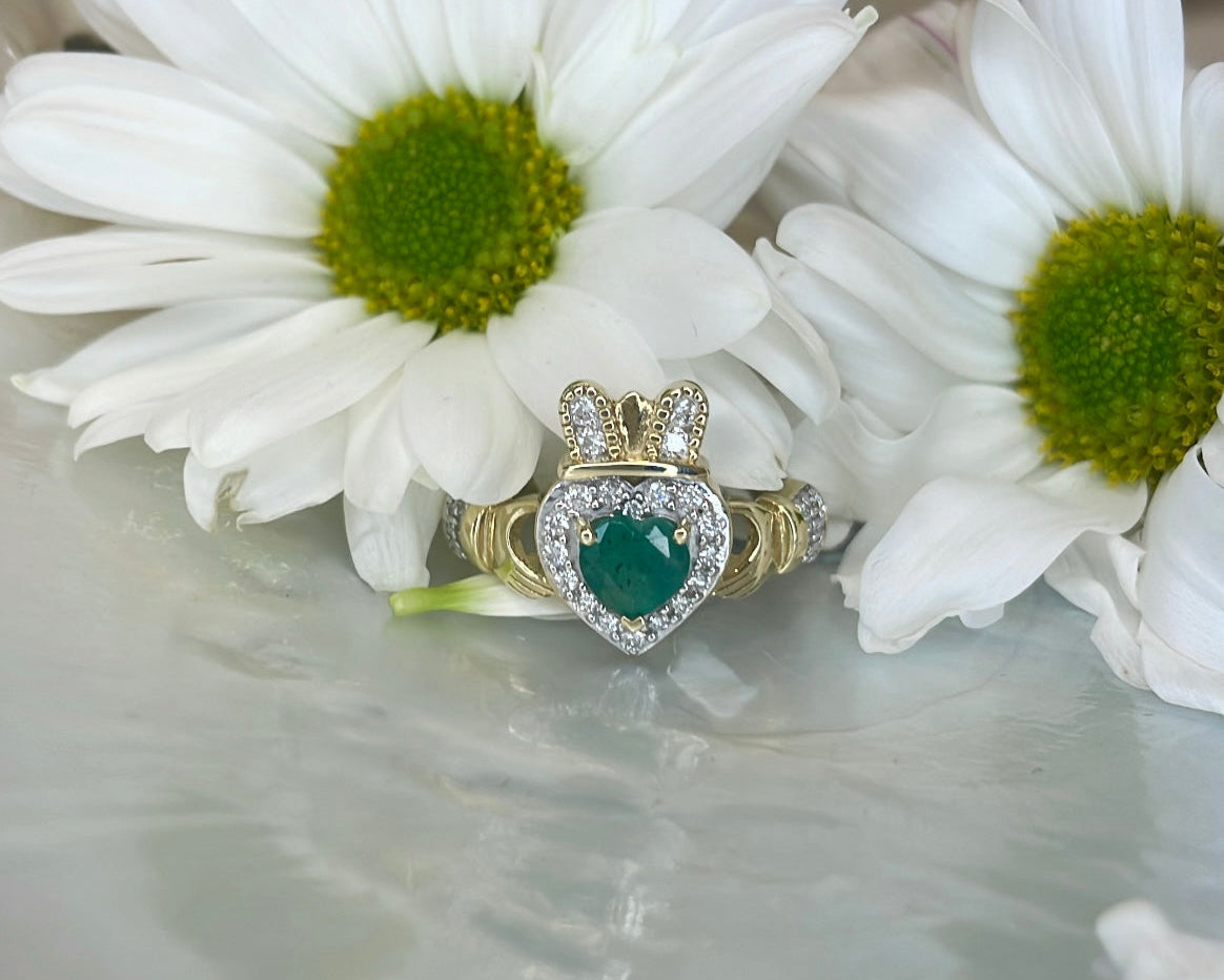 9ct Yellow Gold Emerald Heart and Diamond Claddagh Ring