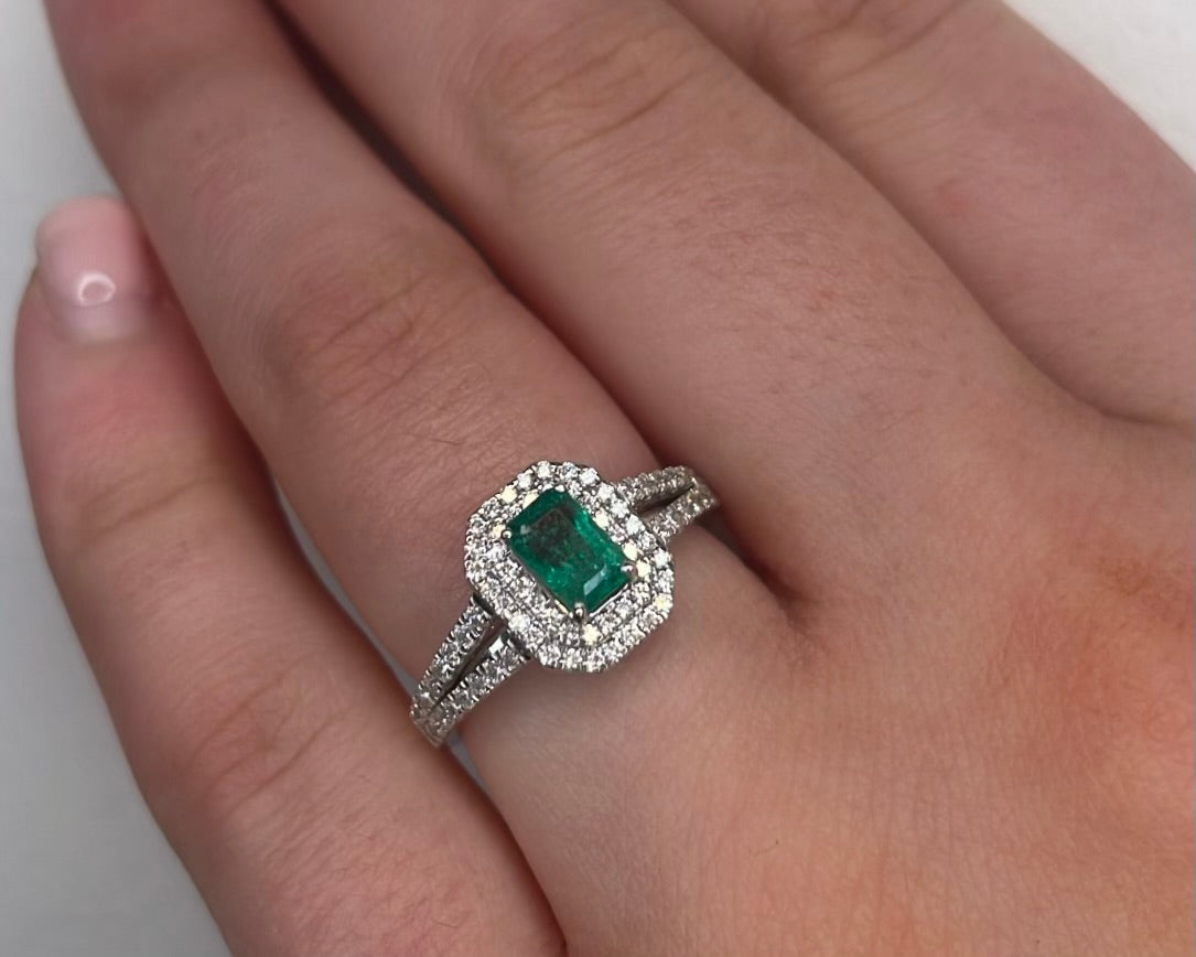 Emerald Cut Double Halo Split Shank Diamond 18ct White Gold Ring
