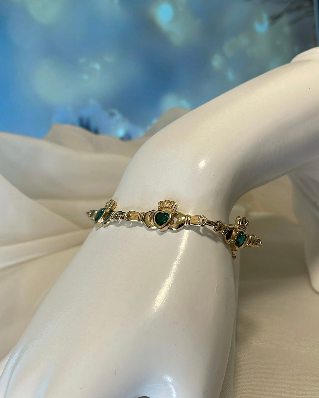 18ct Yellow Gold Plated & Green CZ Claddagh Bracelet