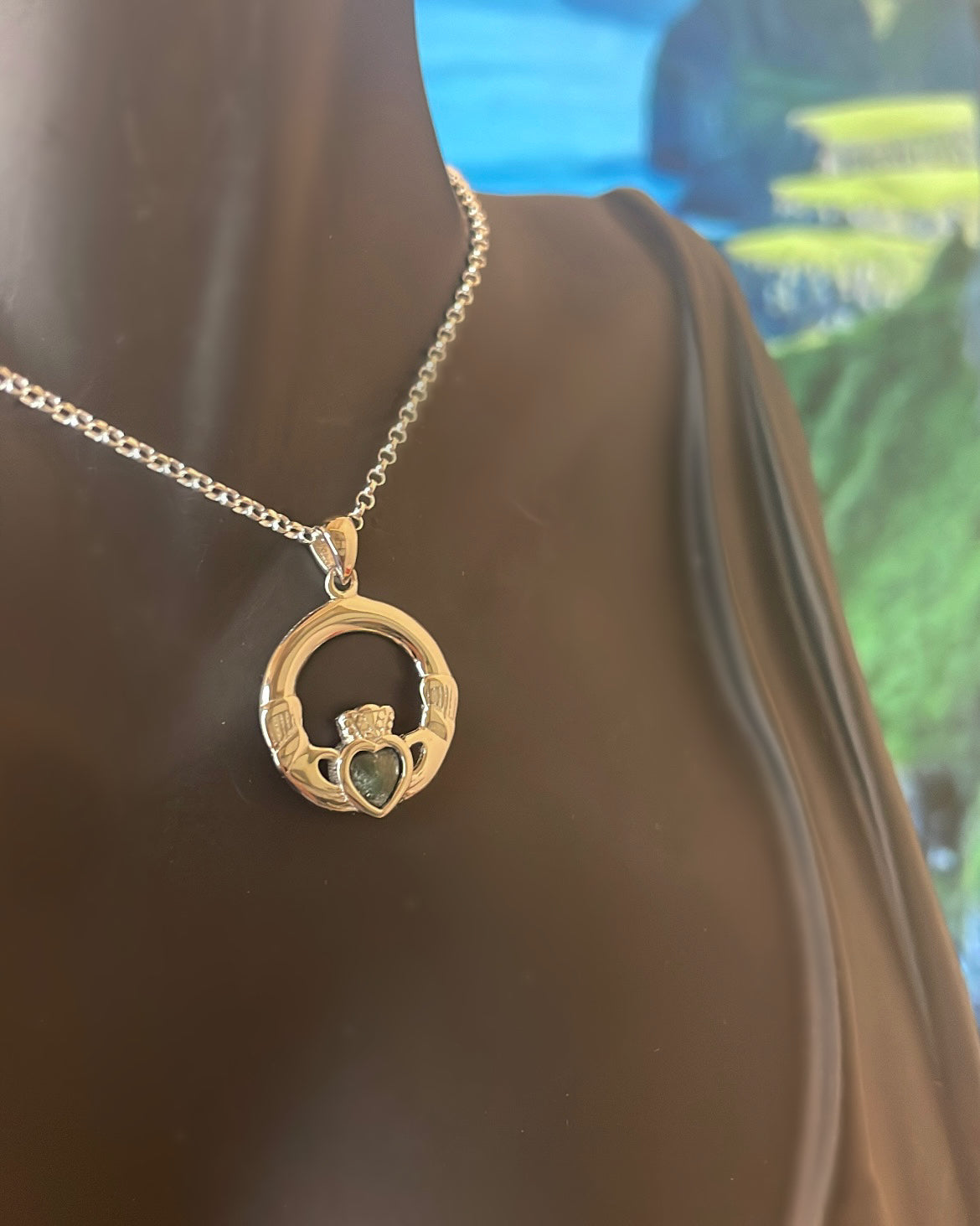 Large Sterling Silver Claddagh & Connemara Marble Pendant