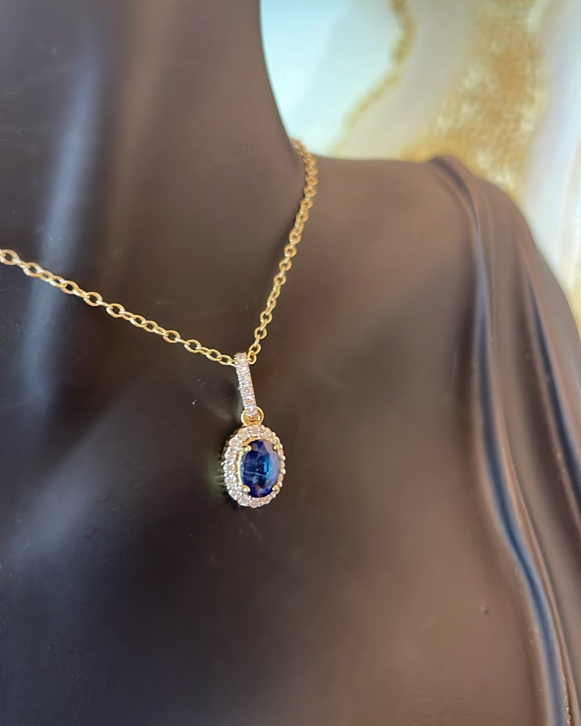 9ct Yellow Gold Oval Sapphire & Halo Diamond Pendant