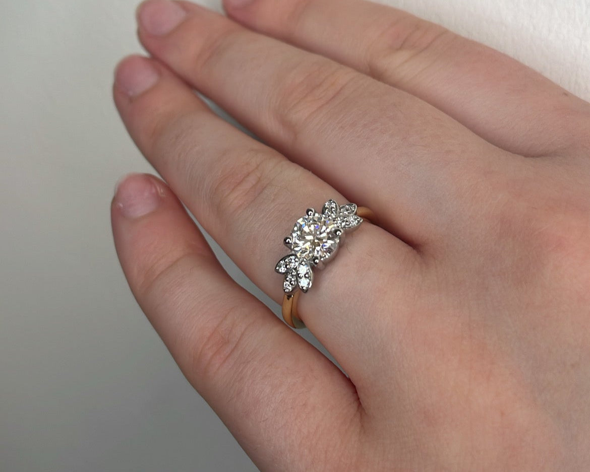 1ct Round Brilliant Diamond & Petal Side Stones in 18ct Yellow Gold