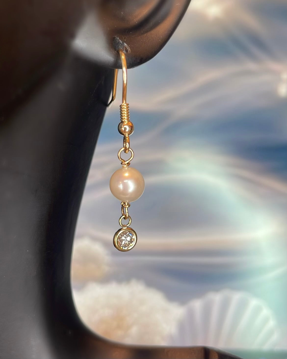 9ct Gold Freshwater Pearl & Diamond Shepherd Hook Earrings
