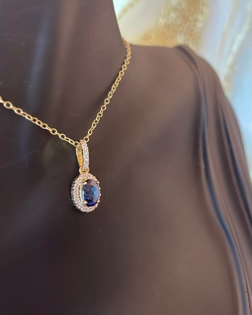 9ct Yellow Gold Oval Sapphire & Halo Diamond Pendant