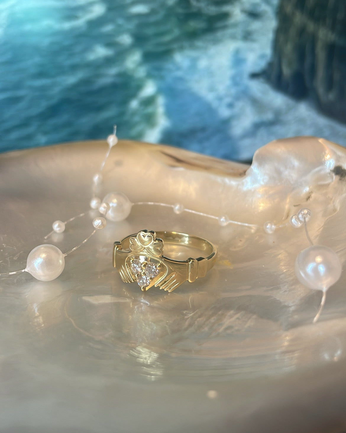 9ct Yellow Gold Triple Diamond Shamrock Crown Claddagh Ring