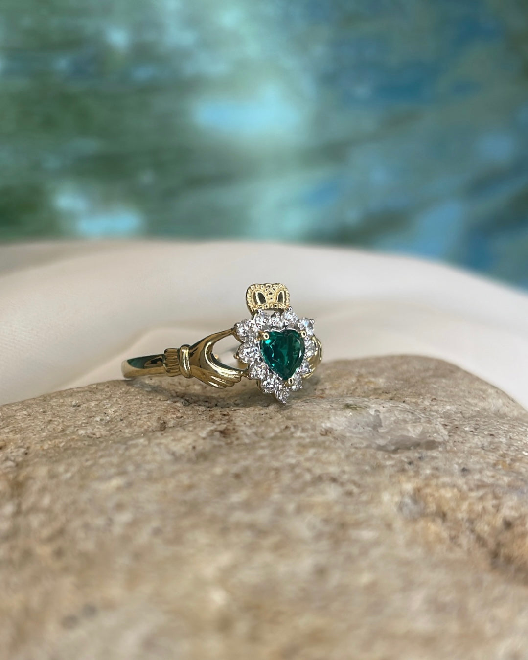 9ct Yellow Gold Emerald Heart and Diamond Halo Claddagh Ring