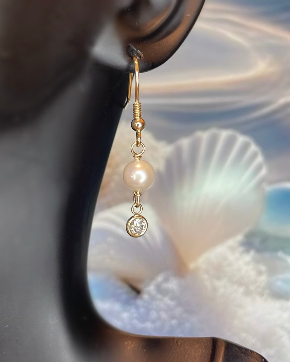 9ct Gold Freshwater Pearl & Diamond Shepherd Hook Earrings