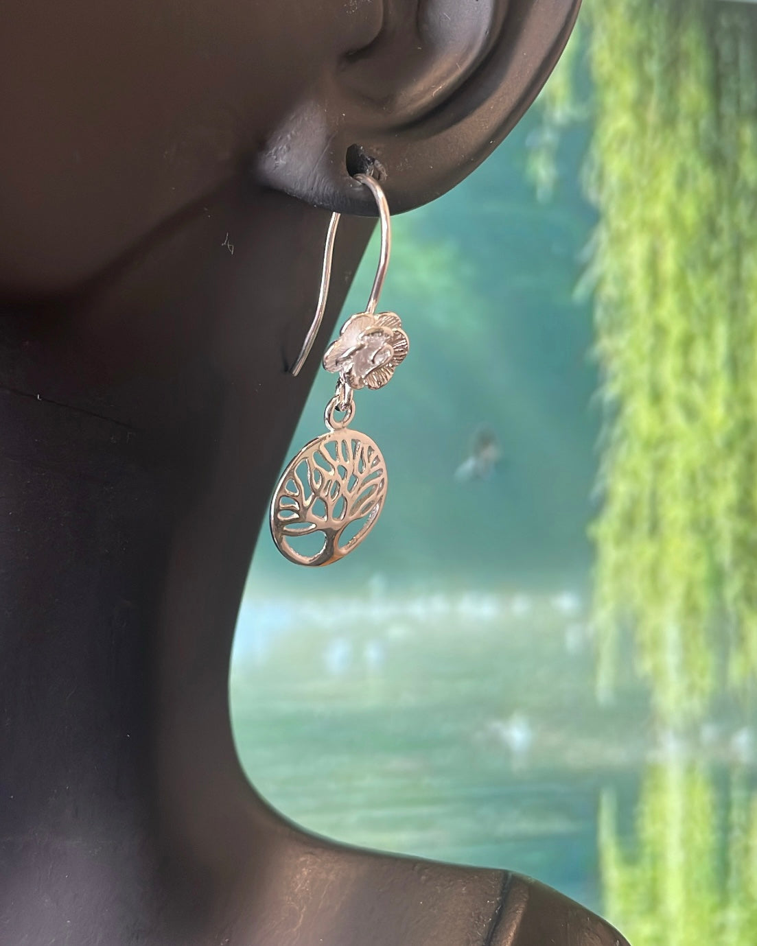 Sterling Silver Tree of Life & Rose Shepherd Hook Earrings