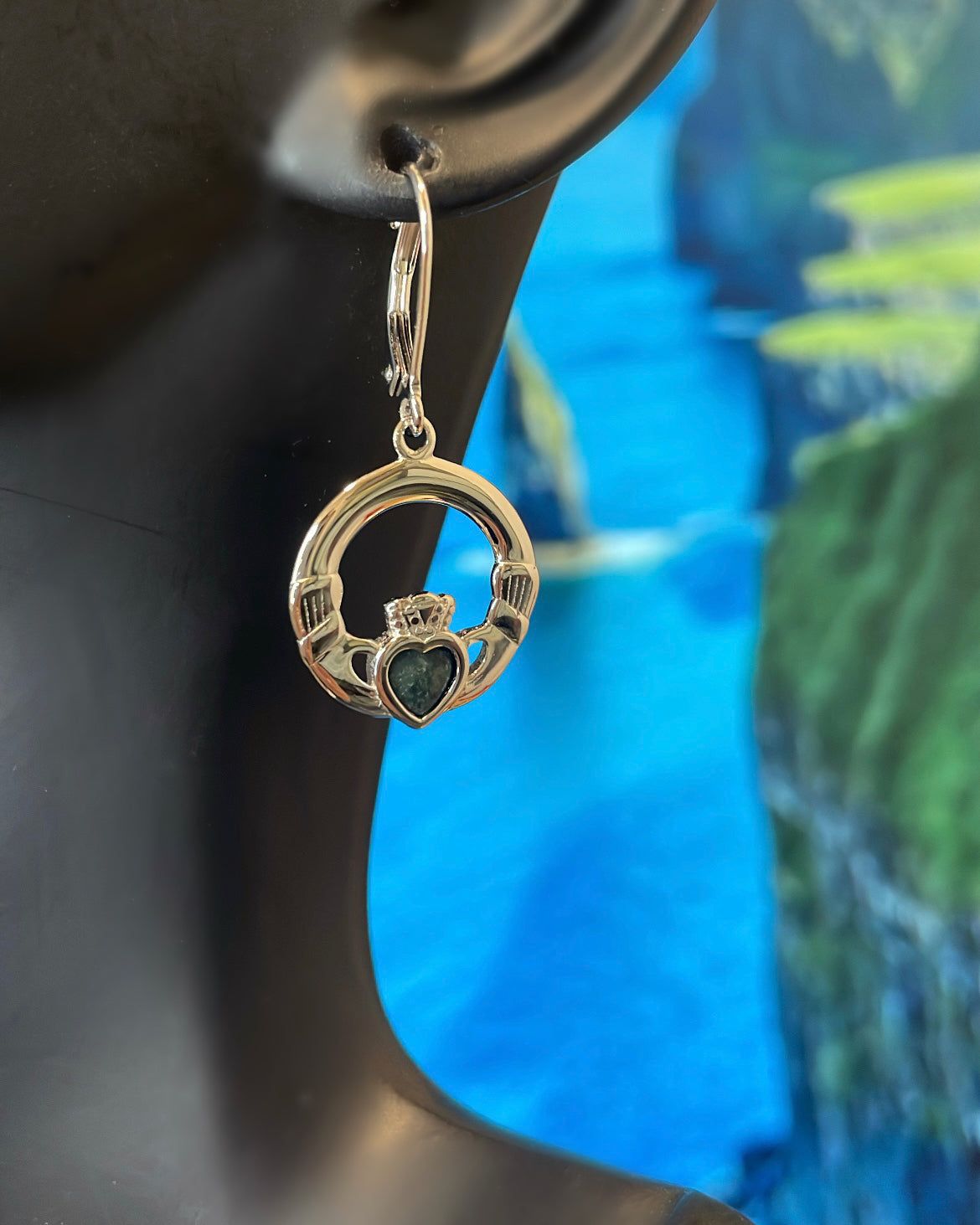Large Sterling Silver Claddagh & Connemara Marble Earrings