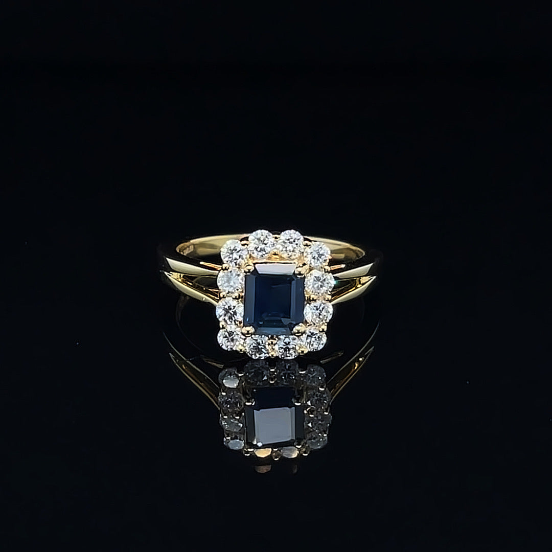 Emerald cut Sapphire with Diamond Halo Ring