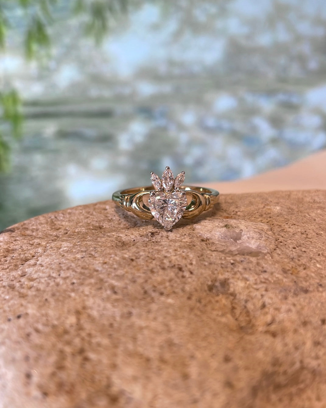 9ct Yellow Gold Claddagh Ring with Diamond Centre & Diamond Crown