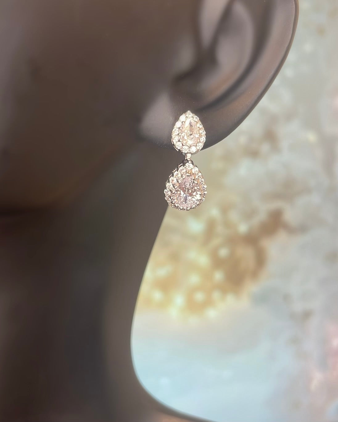 Sterling Silver CZ & Double Pear Drop Halo Earrings