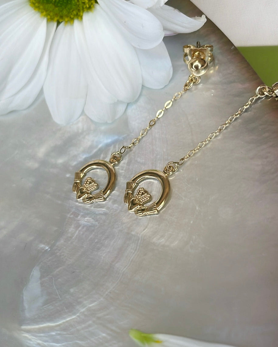 9ct Yellow Gold Claddagh Chain Drop Earrings