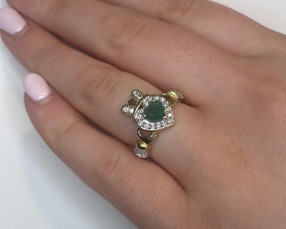 9ct Yellow Gold Emerald Heart and Diamond Claddagh Ring