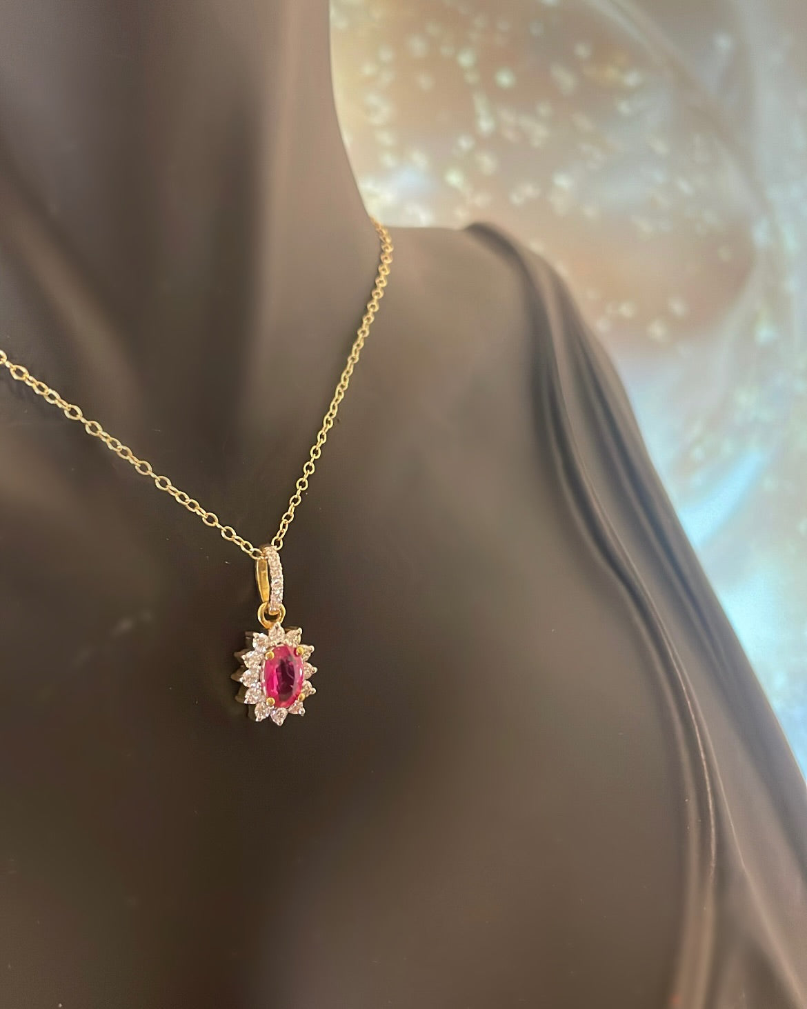 Small Oval Cut Ruby & Floral Diamond Halo 9ct Gold Pendant