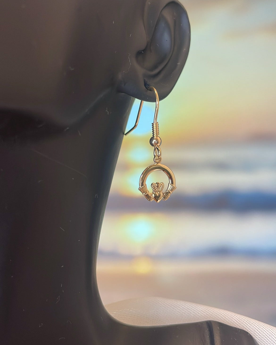 9ct Yellow Gold Mini Claddagh Shepherd Hook Earrings