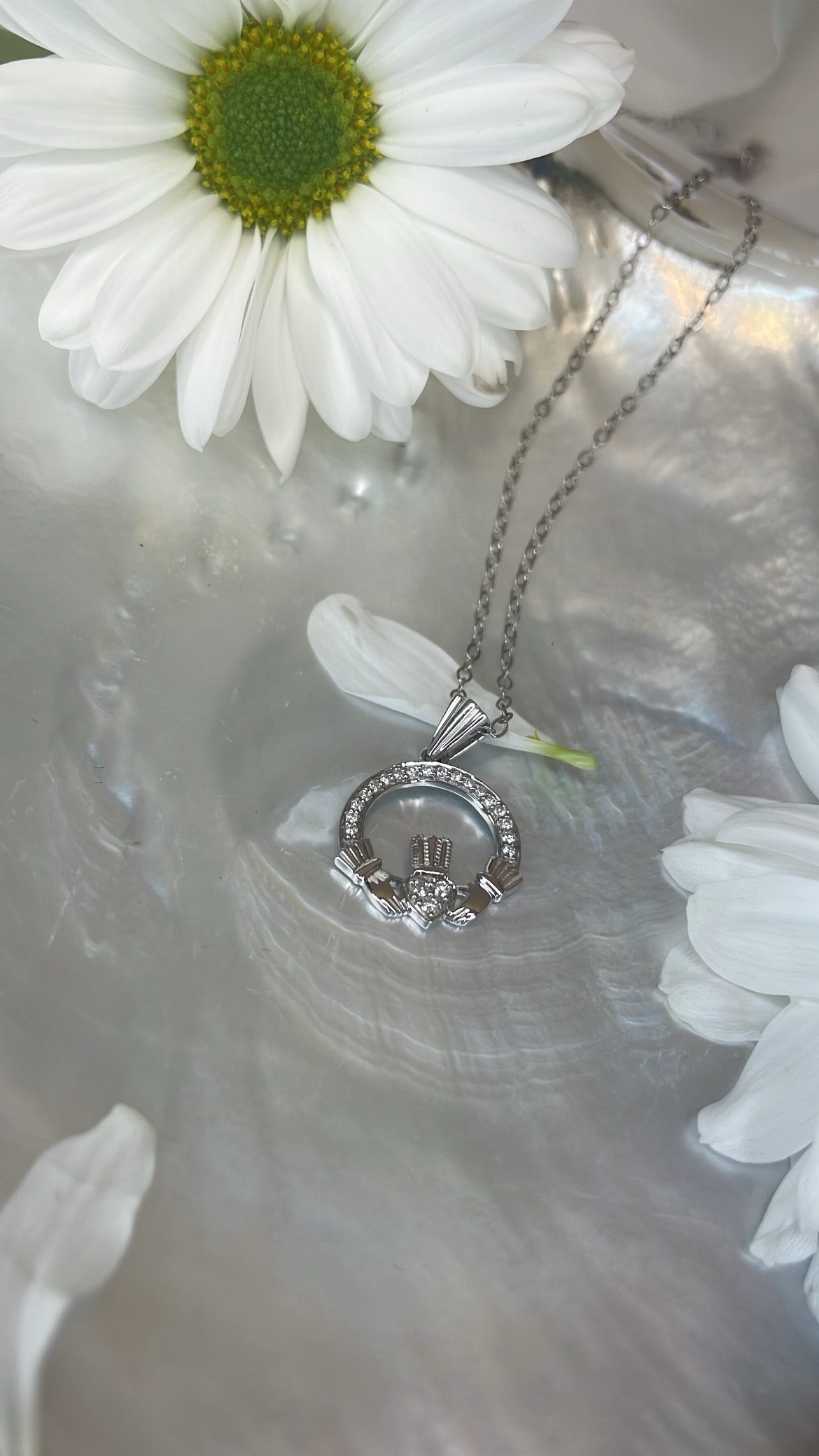 9ct White Gold Diamond Set Claddagh Pendant
