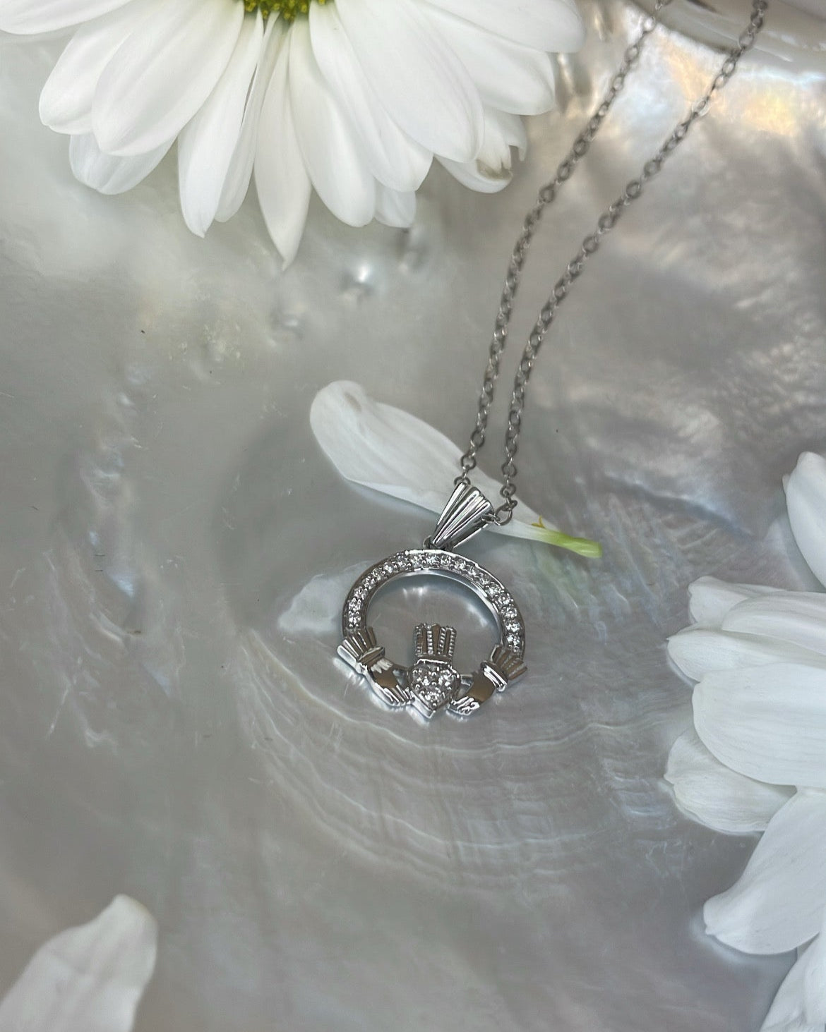 9ct White Gold Diamond Set Claddagh Pendant