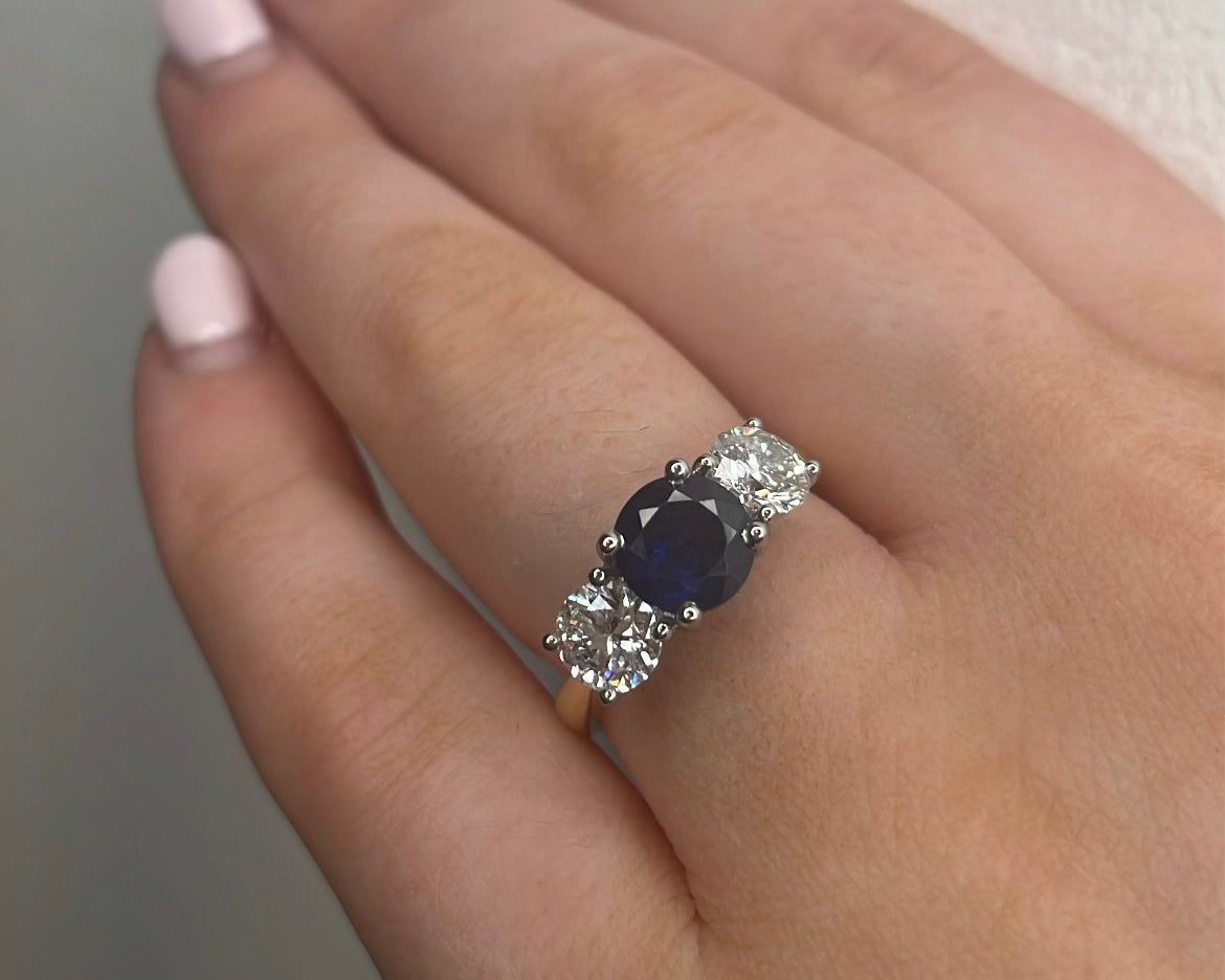 18ct Yellow Gold Round Sapphire and Diamond Three Stone Ring