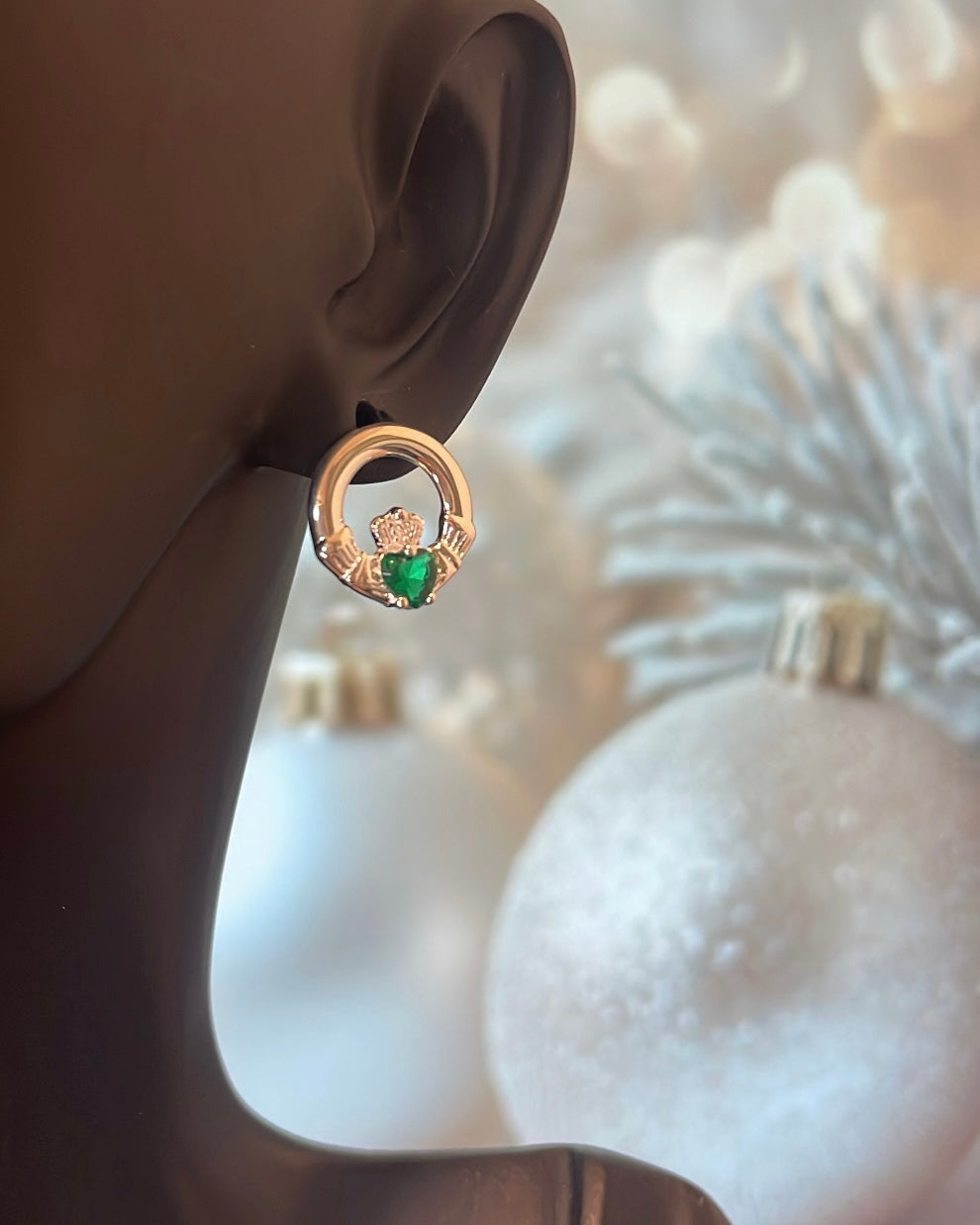 Sterling Silver & Green Stone Claddagh Stud Earrings