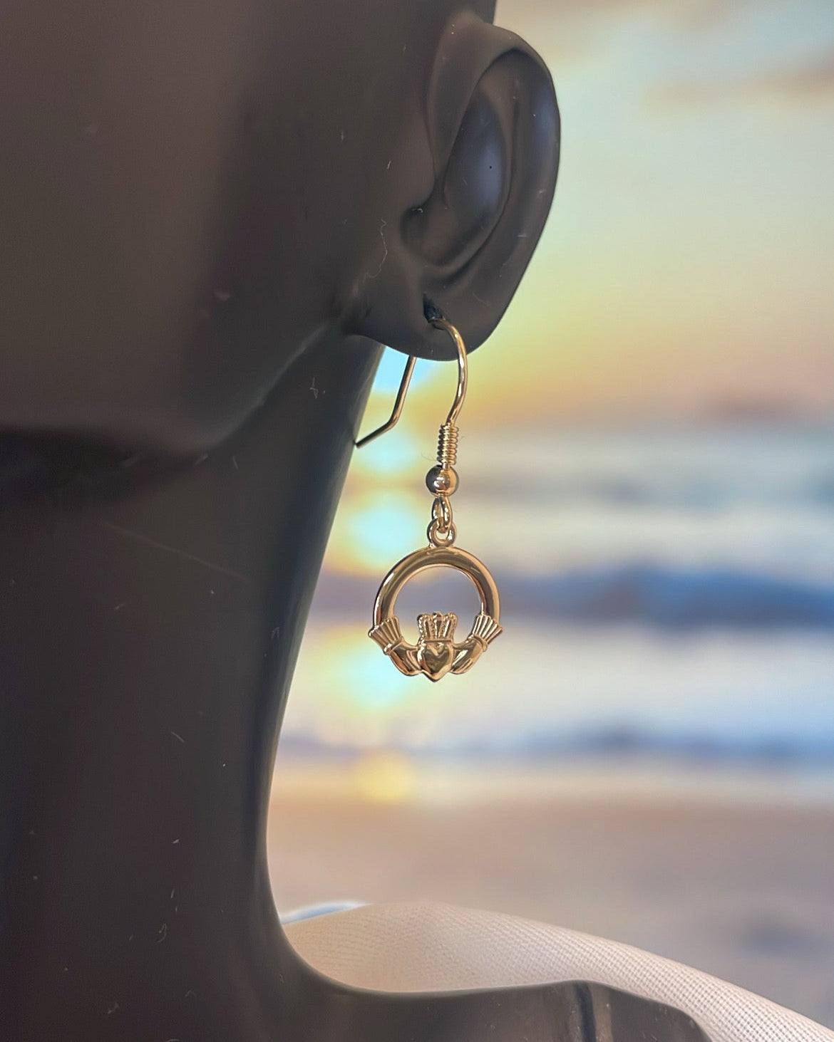 9ct Yellow Gold Claddagh Shepherd Hook Earrings