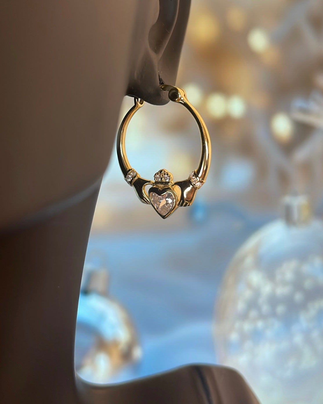 Gold Plated & CZ Claddagh Hoop Earrings