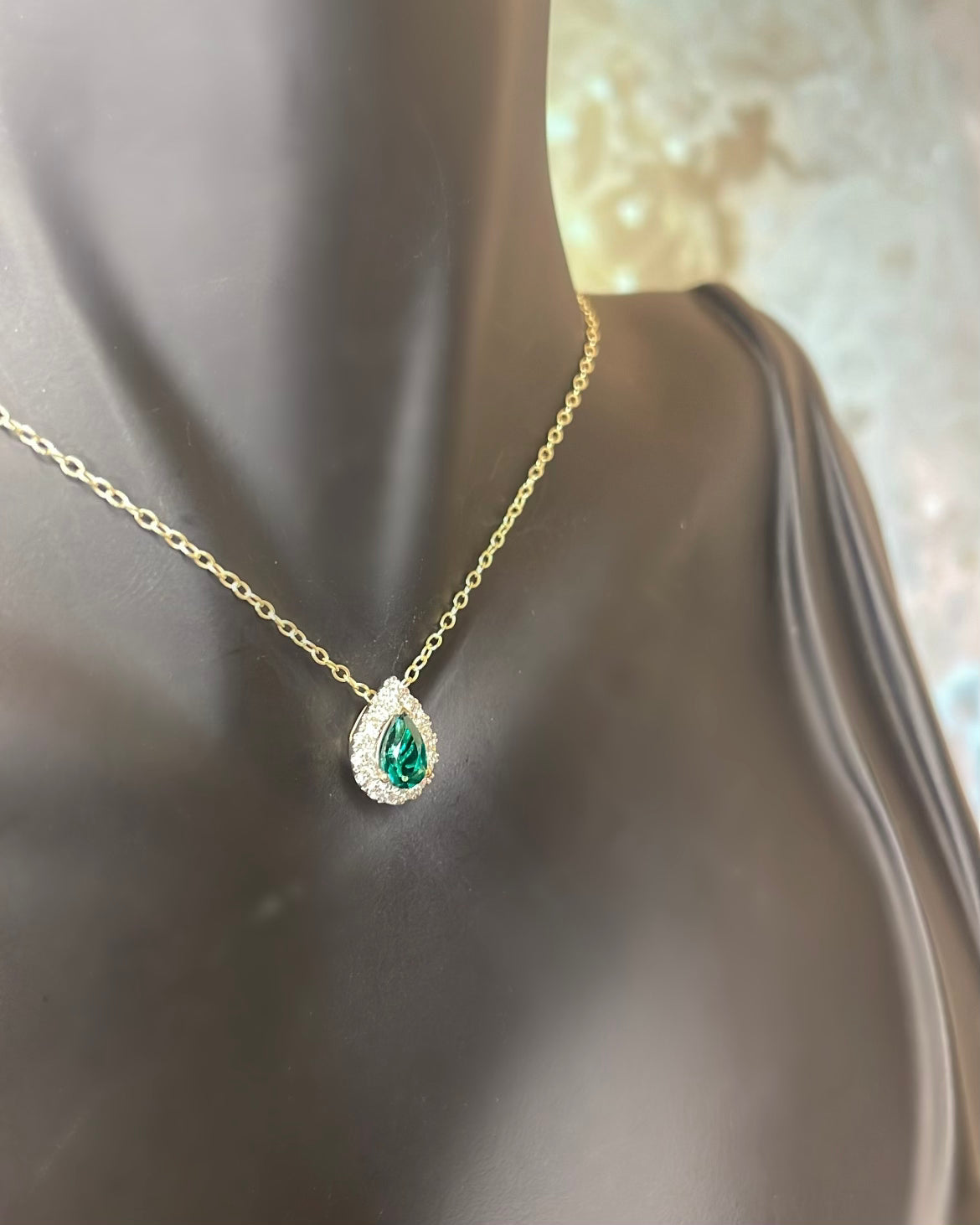 Pear Cut Lab Emerald & Halo Diamond 9ct Yellow Gold Pendant