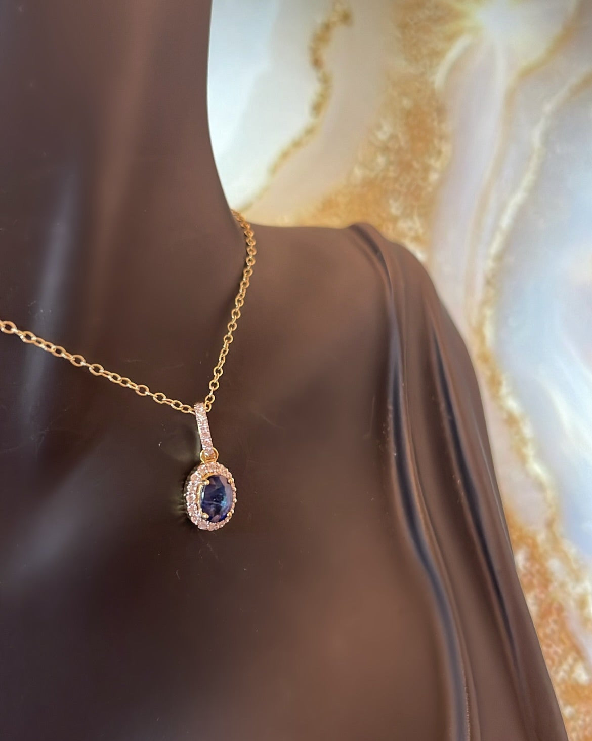 9ct Yellow Gold Oval Sapphire & Halo Diamond Pendant