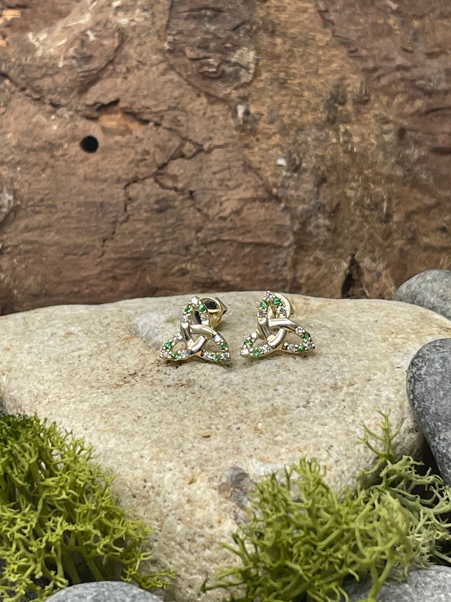 9ct Yellow Gold Diamond and Emerald Set Trinity Knot Earrings