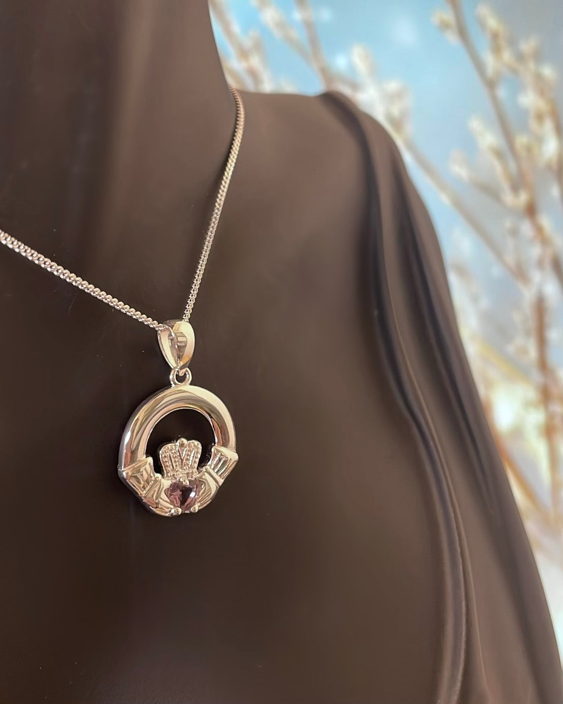 Sterling Silver Claddagh & Amethyst CZ Pendant