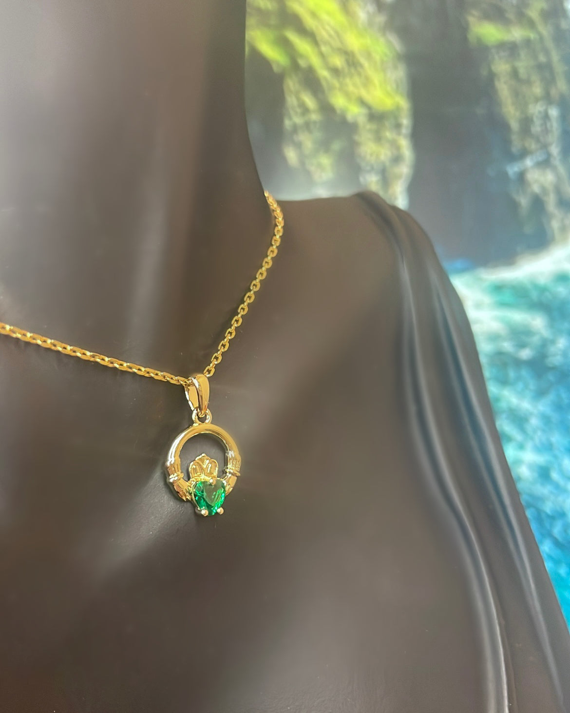 18ct Yellow Gold Plated Claddagh & Green CZ Pendant