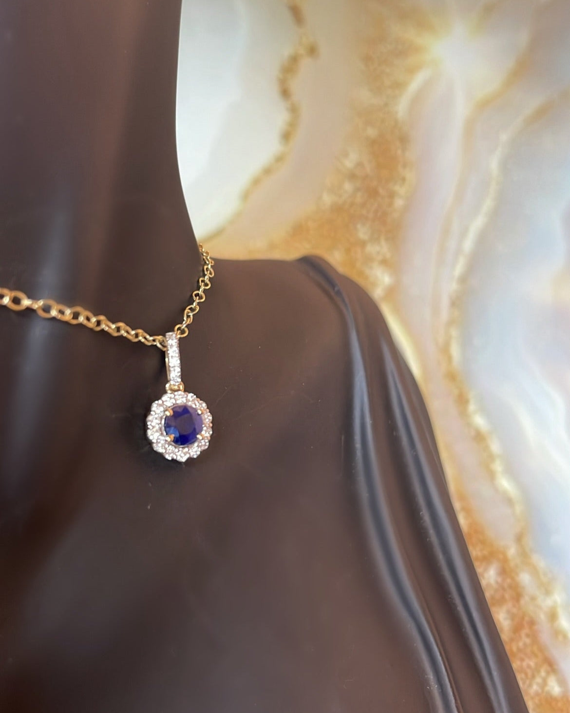 9ct Yellow Gold Sapphire & Halo Diamond Pendant