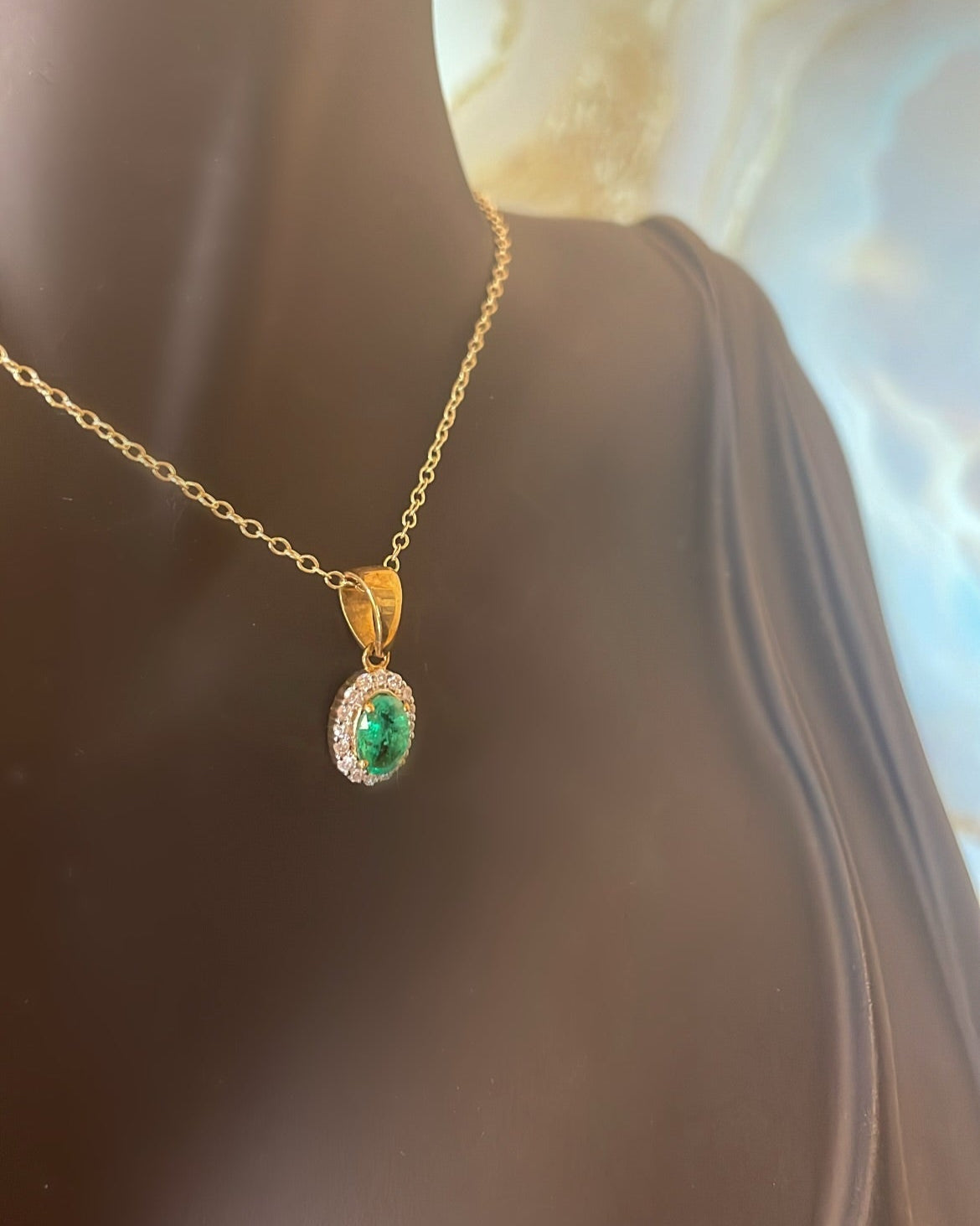 Oval Cut Emerald & Halo Diamond 9ct Yellow Gold Pendant