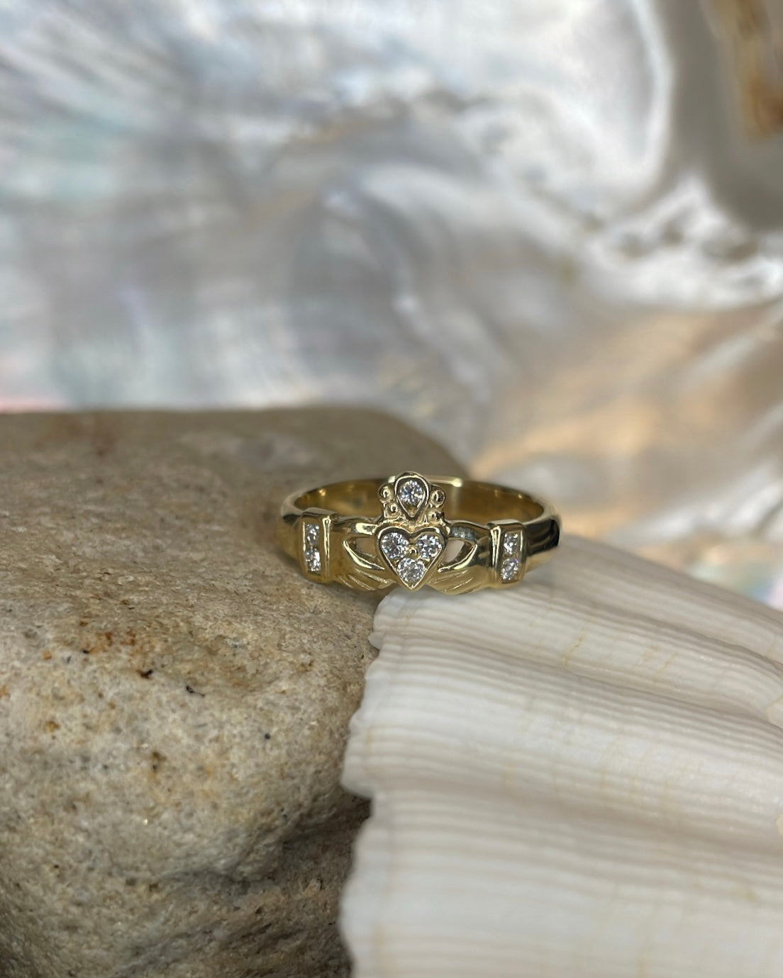 9ct Claddagh Ring With Diamond Centre, Crown & Hands