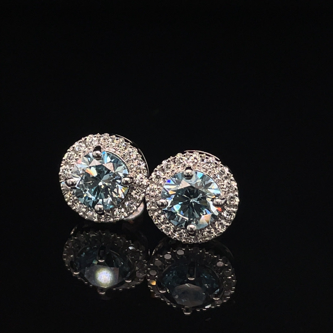 Blue Round Brilliant Lab Grown Diamond & Halo Earrings