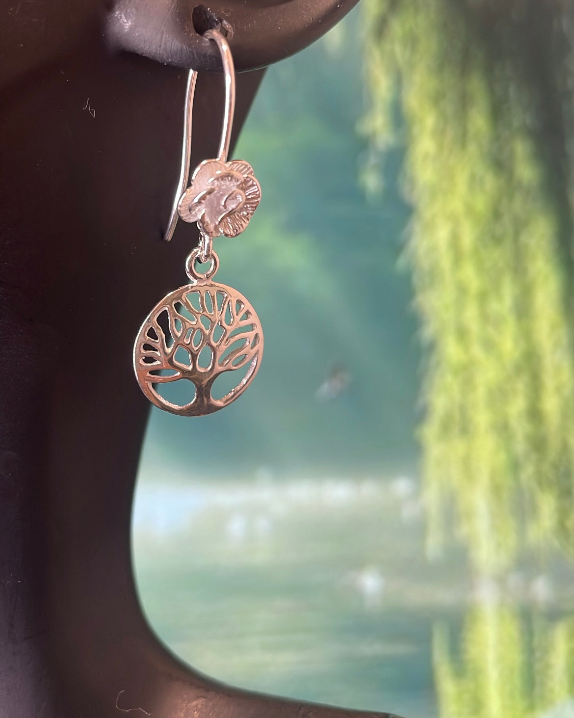 Sterling Silver Tree of Life & Rose Shepherd Hook Earrings