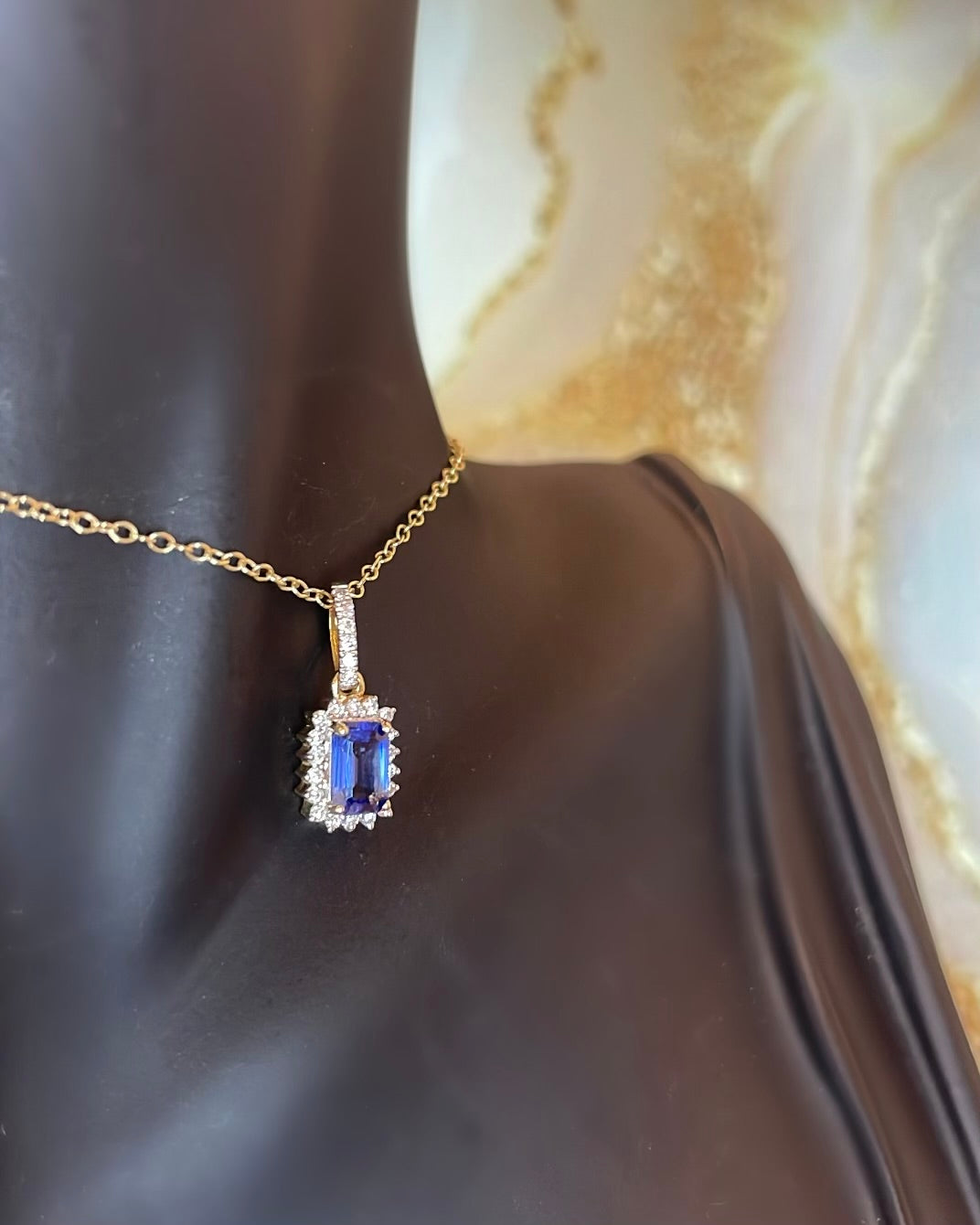 9ct Yellow Gold Emerald Cut Sapphire & Halo Diamond Pendant