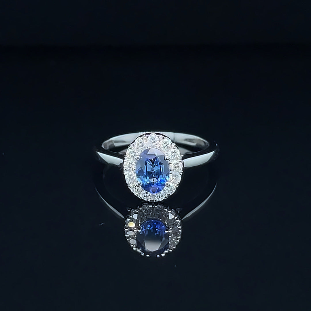 Blue Sapphire & Diamond Halo Ring