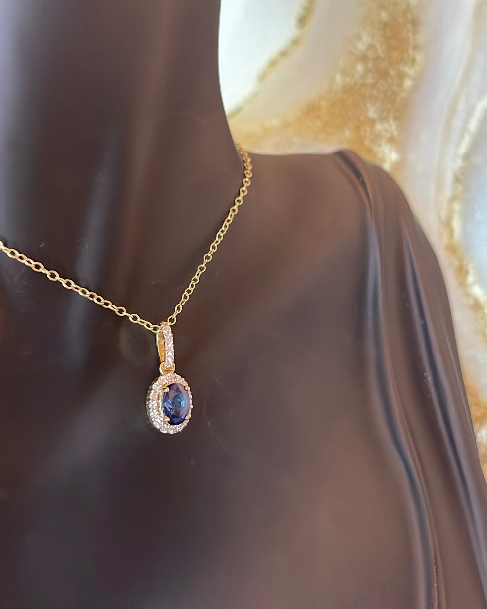 9ct Yellow Gold Oval Sapphire & Halo Diamond Pendant