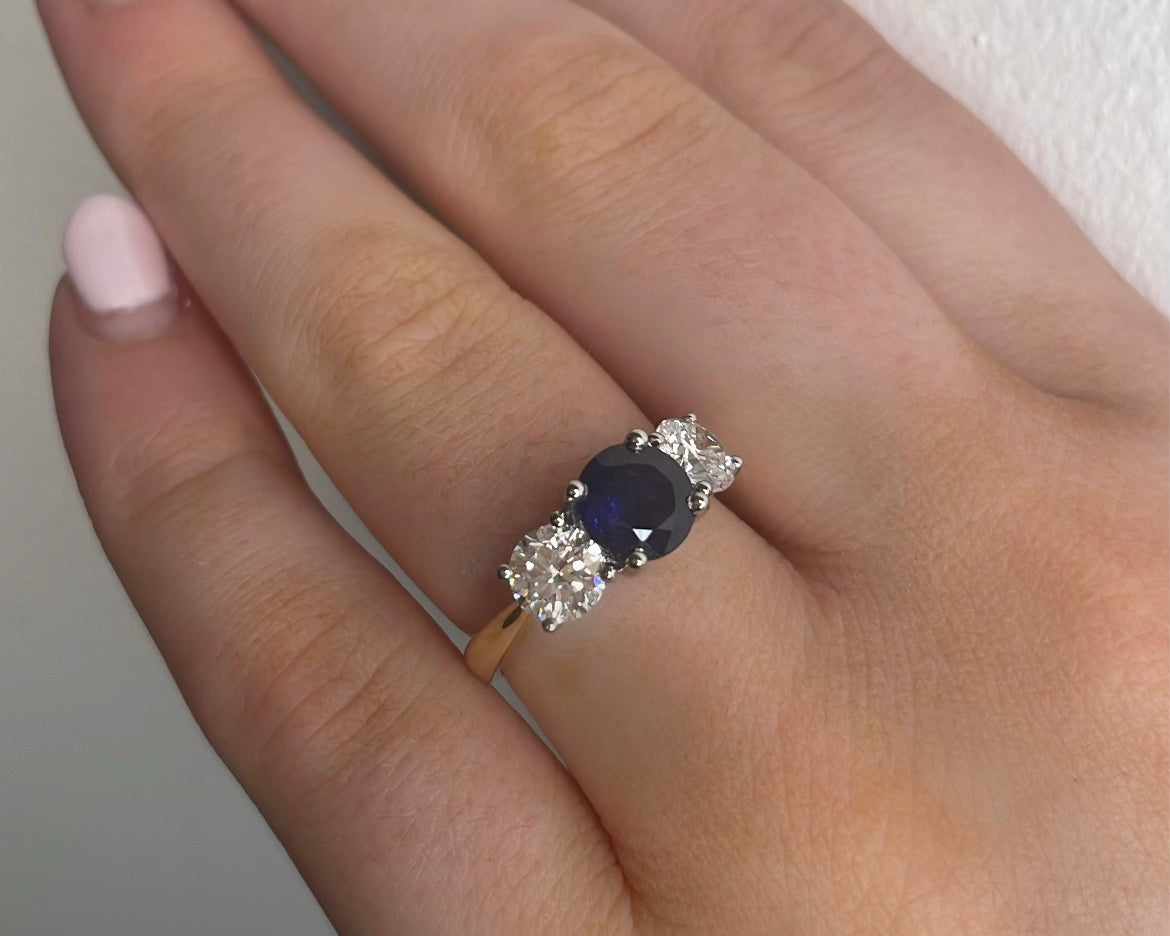 18ct Yellow Gold Round Sapphire and Diamond Three Stone Ring