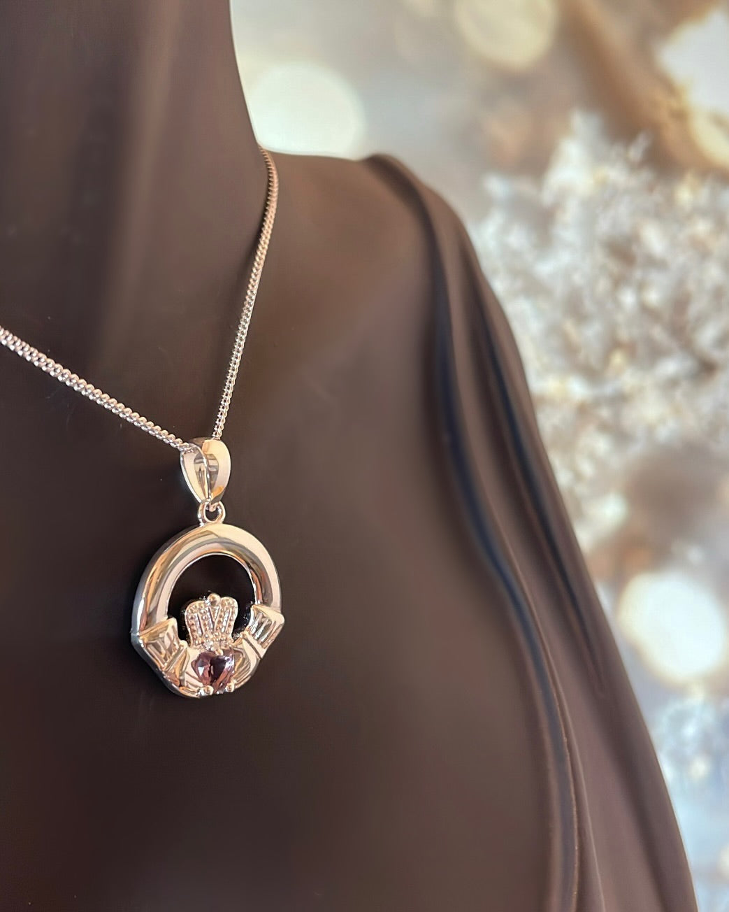 Sterling Silver Claddagh & Amethyst CZ Pendant