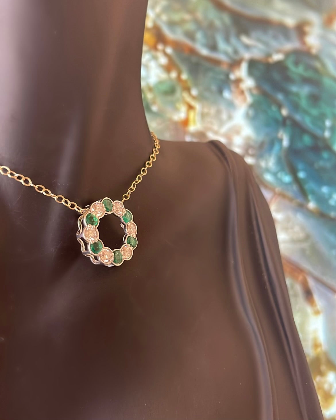 9ct Gold Diamond & Emerald Circle Pendant