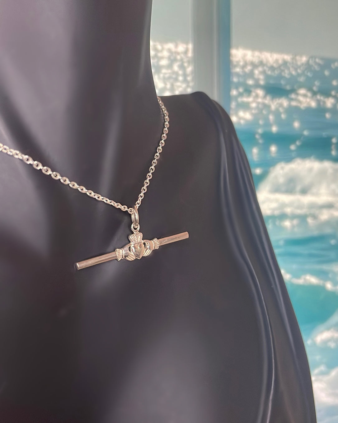 Sterling Silver Narrow Claddagh T-bar Pendant