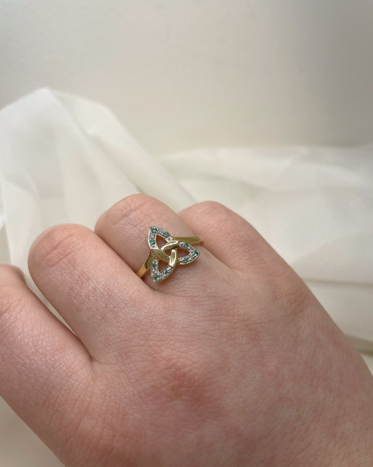 9ct Large Trinity Knot pave Diamond and Emerald ring