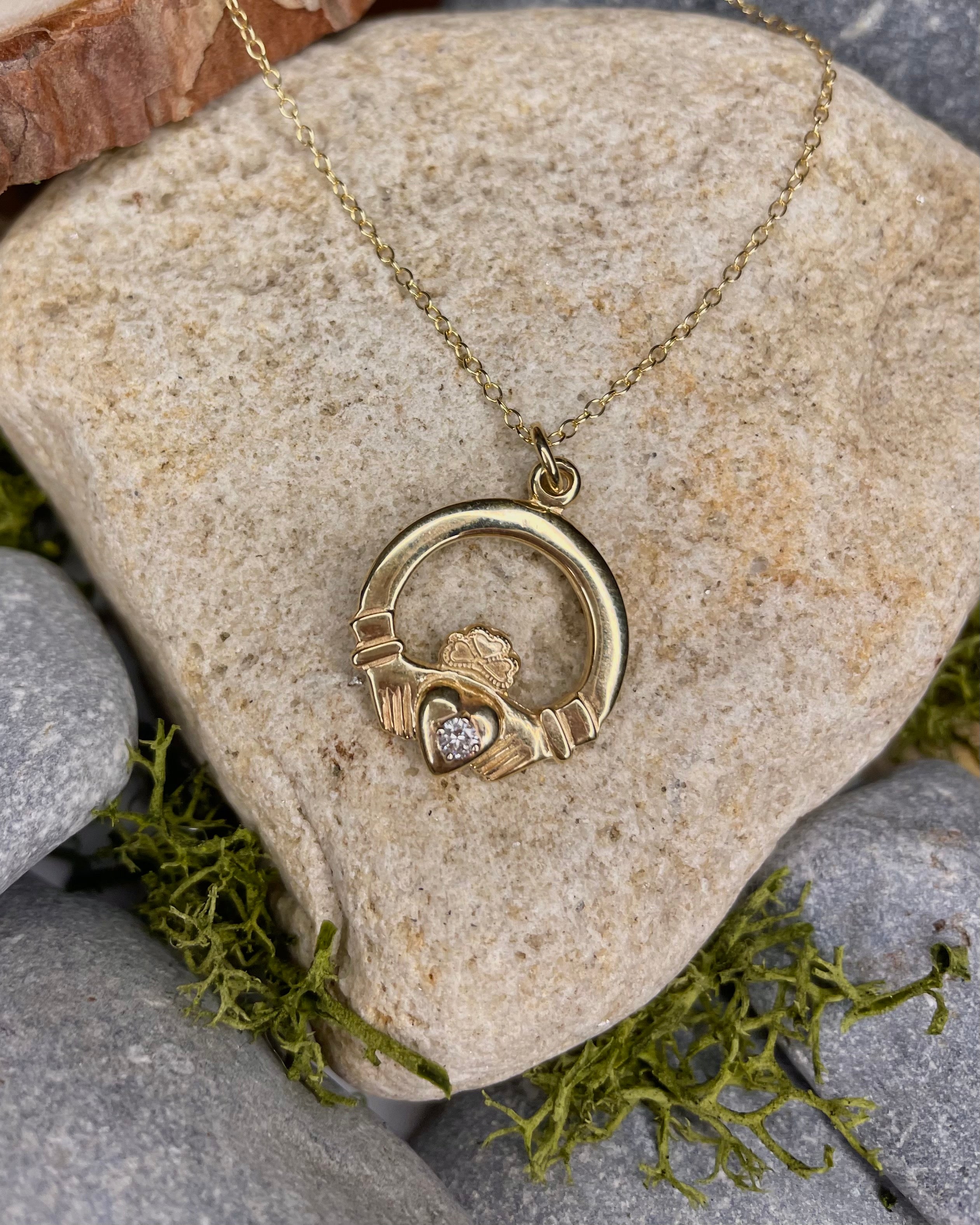 Heavy Claddagh with Shamrock Crown and Diamond Heart Pendant