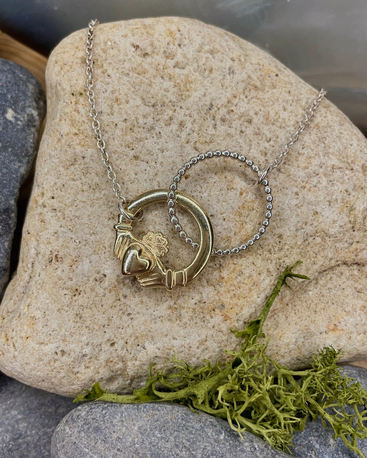 9ct Yellow Gold Claddagh & Sterling Silver Interlocking Pendant