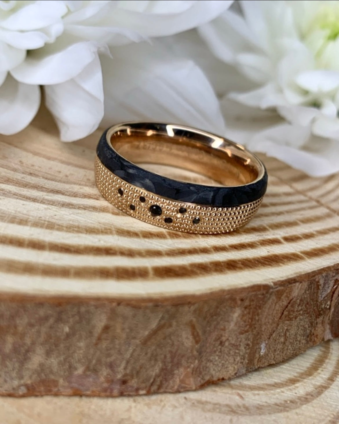 Black Carbon Raindrop Diamond Rose Gold Wedding Band