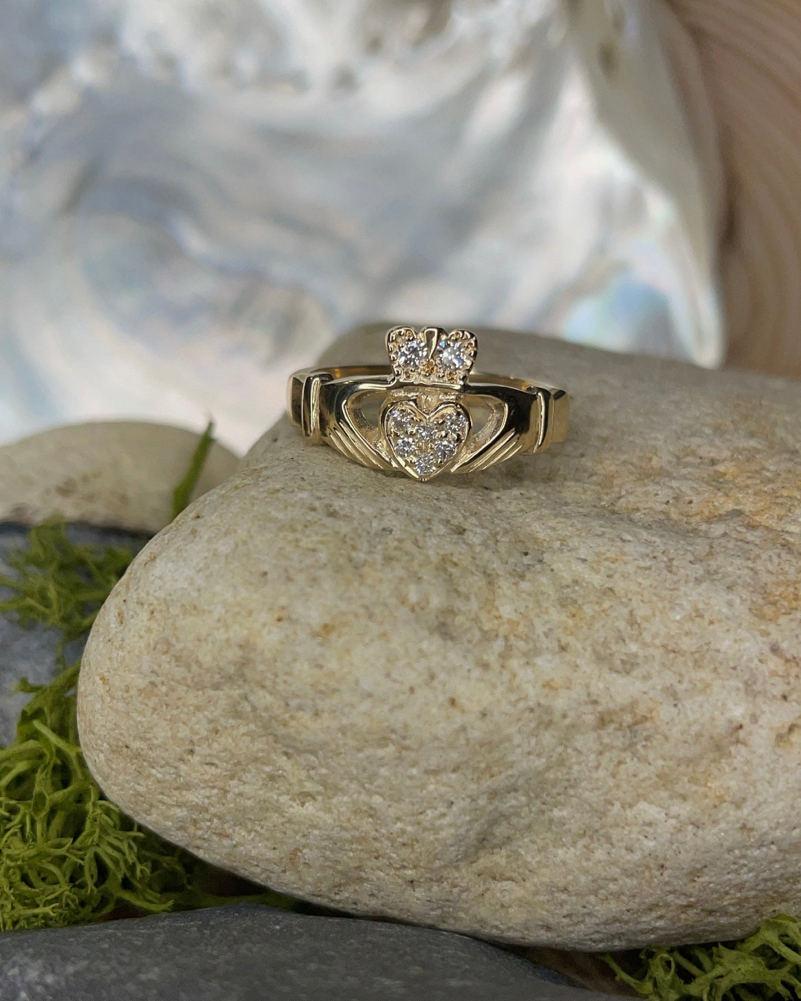 10ct Yellow Gold Diamond Pave Claddagh Ring