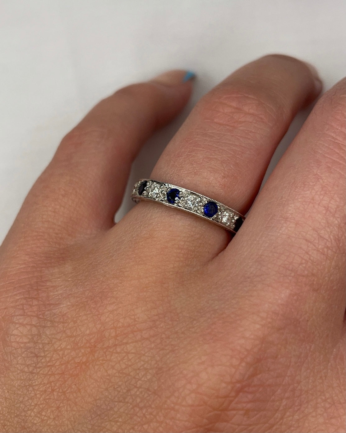 Alternating Sapphire and Diamond White Gold Band