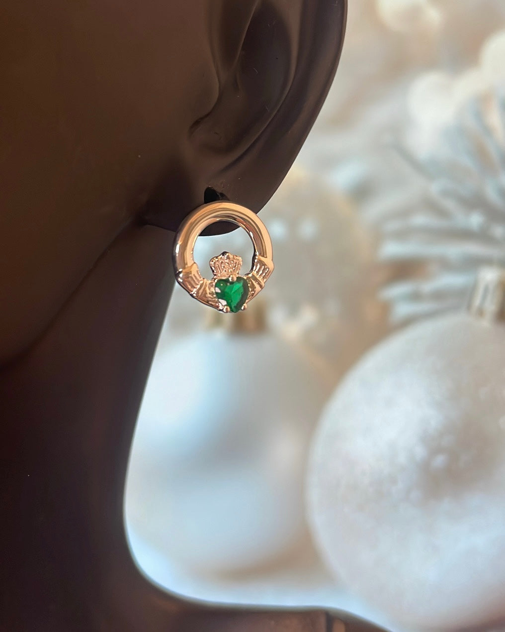 Sterling Silver & Green Stone Claddagh Stud Earrings